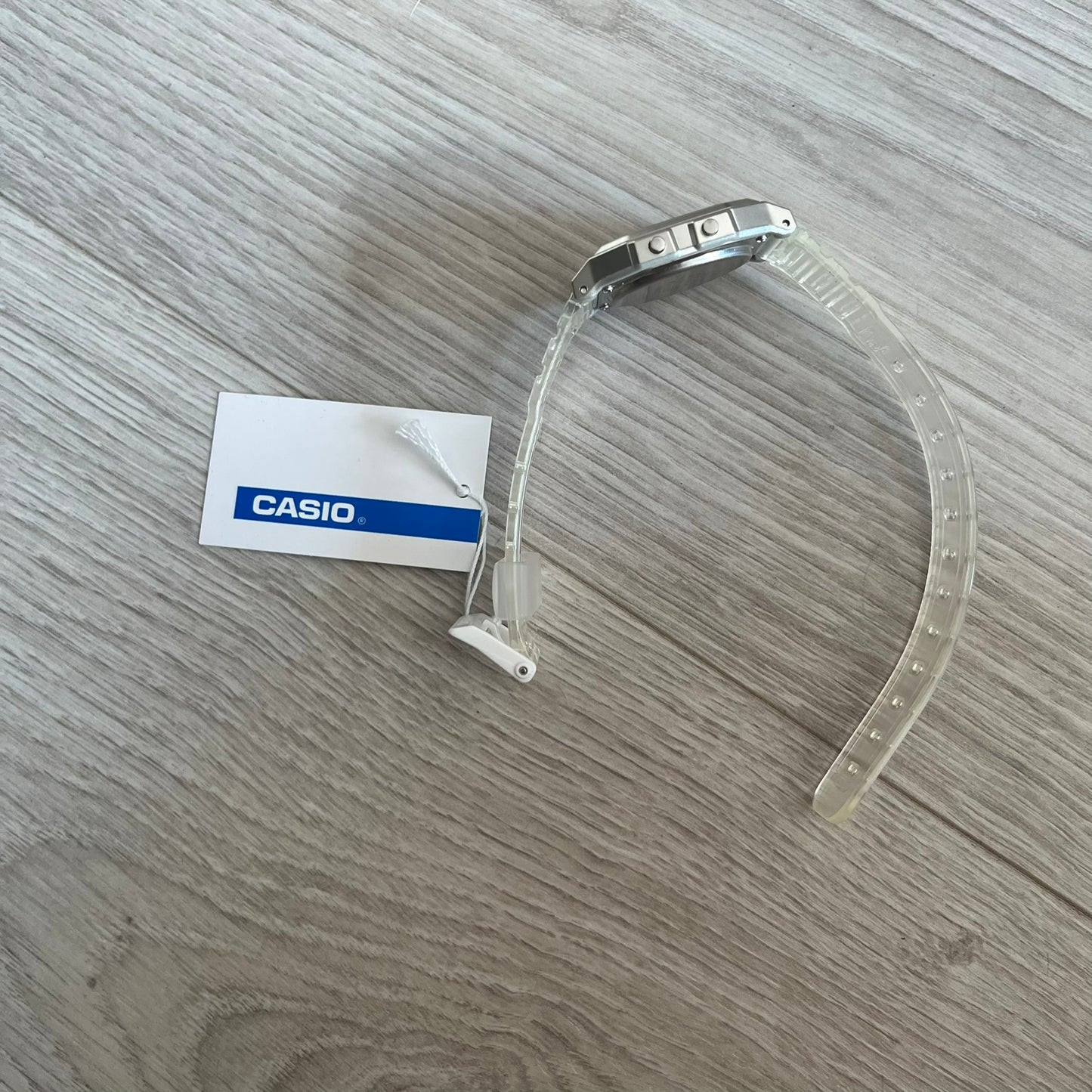 Custom Casio F-91W Clear/Transparent digital watch featuring a Awesome Face filter screen. Slim 8.5 mm profile, lightweight 21 g build and flexible bio-based resin band ensure lasting comfort. Includes alarm, stopwatch, and microlight function for everyday functionality.