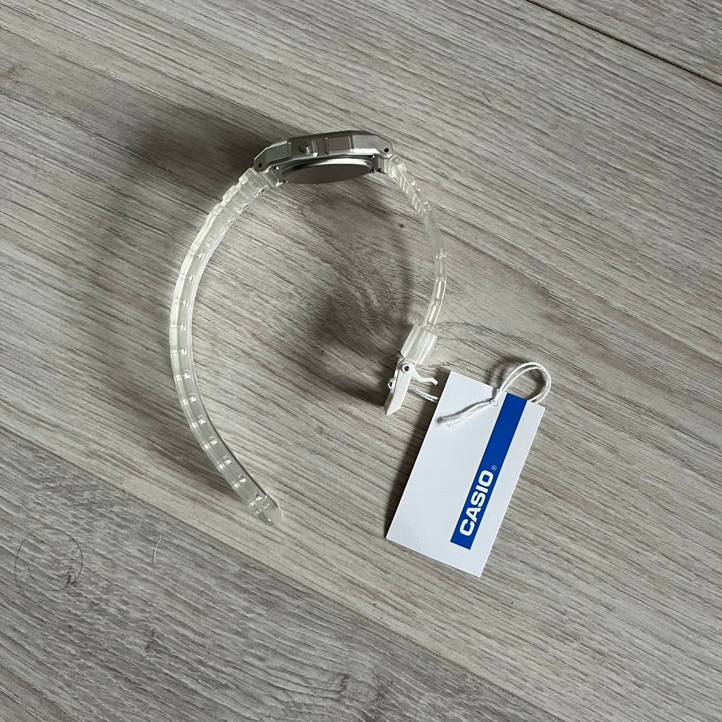 Custom Casio F-91W Clear/Transparent digital watch featuring a Rio De Janeiro filter screen. Slim 8.5 mm profile, lightweight 21 g build and flexible bio-based resin band ensure lasting comfort. Includes alarm, stopwatch, and microlight function for everyday functionality.