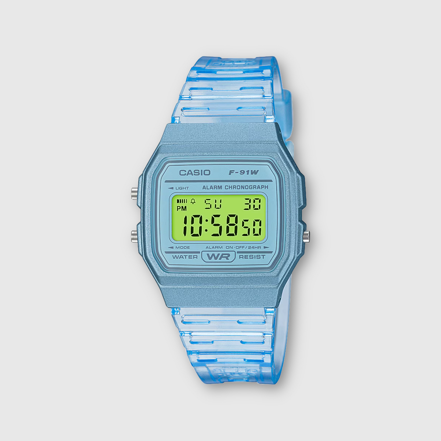 Blue digital watch with a clear strap on a light gray background