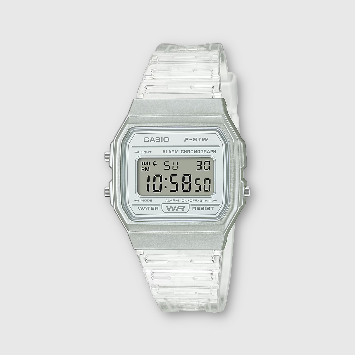 Silver Casio digital watch on a white background