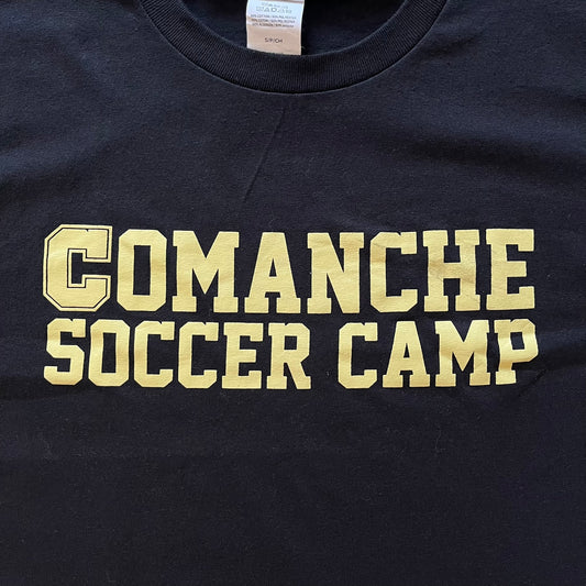 Black sweatshirt with 'Comanche Soccer Camp' text in yellow on a plain background