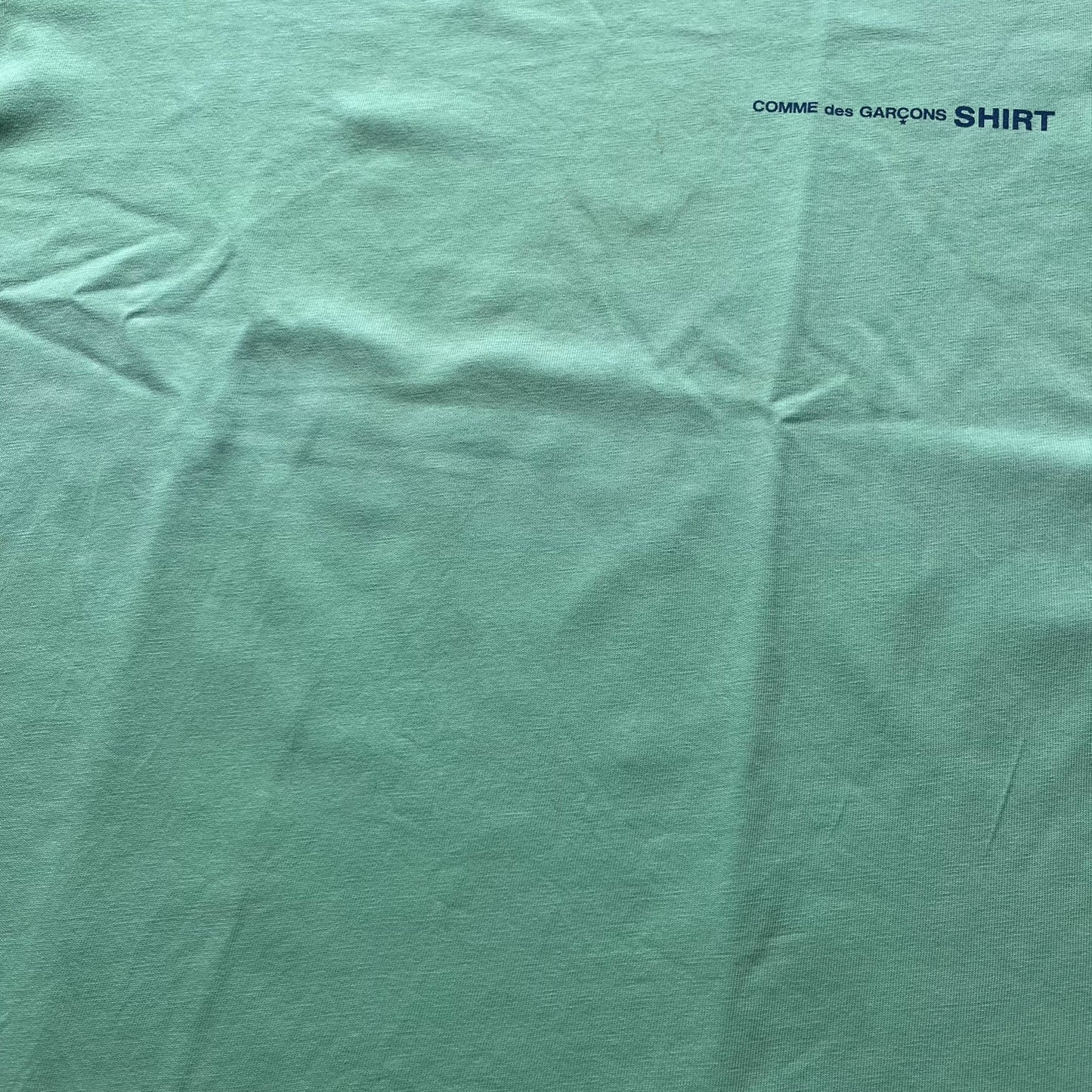 Green t-shirt with 'COMME des GARCONS SHIRT' branding.