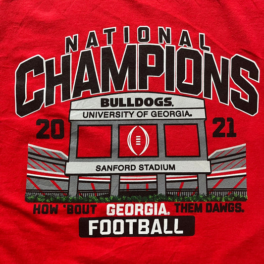 Red t-shirt with 'National Champions' and Bulldogs University of Georgia design.