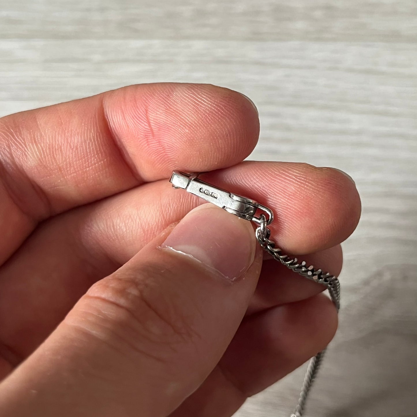 Close-up of a hand holding a silver chain with a clasp.