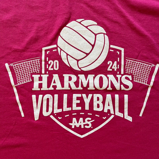 Maroon t-shirt with white 'Harmons Volleyball' design featuring a volleyball and net.