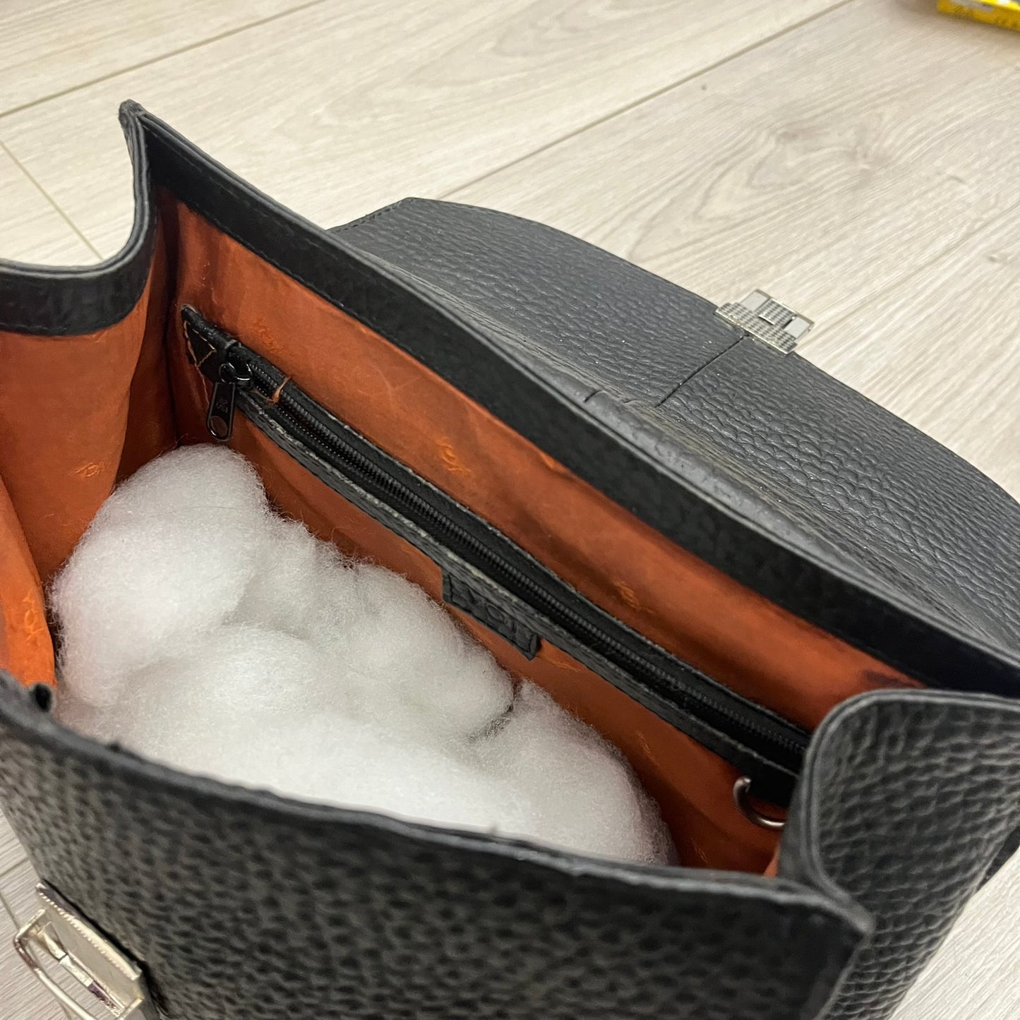 black leather handbag