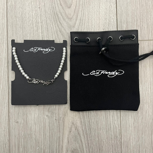 ed hardy scroll logo pearls necklace
