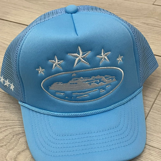 corteiz 5 starz alcatraz trucker hatbaby blue