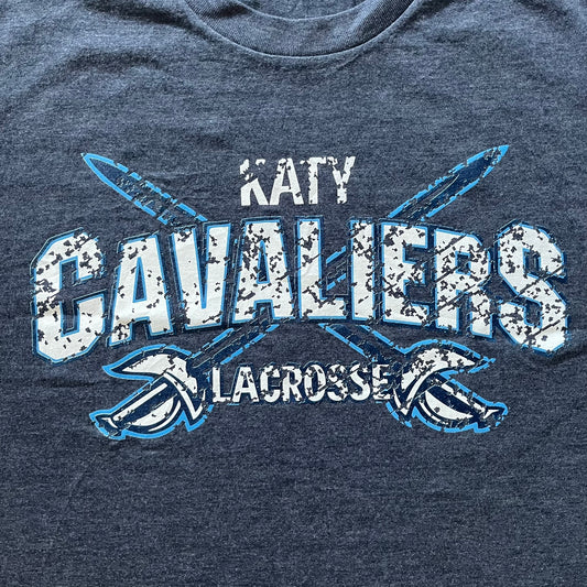 Navy blue t-shirt with 'Katy Cavaliers Lacrosse' text and design.