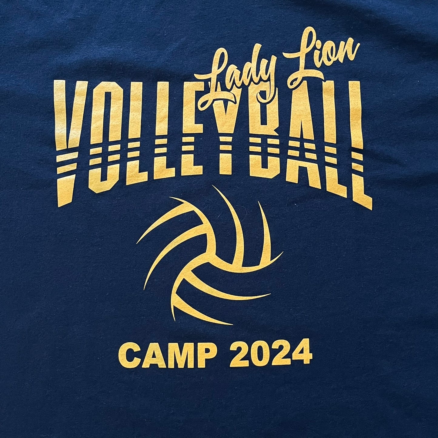 Navy blue t-shirt with gold 'Lady Lion Volleyball Camp 2024' text and volleyball design.