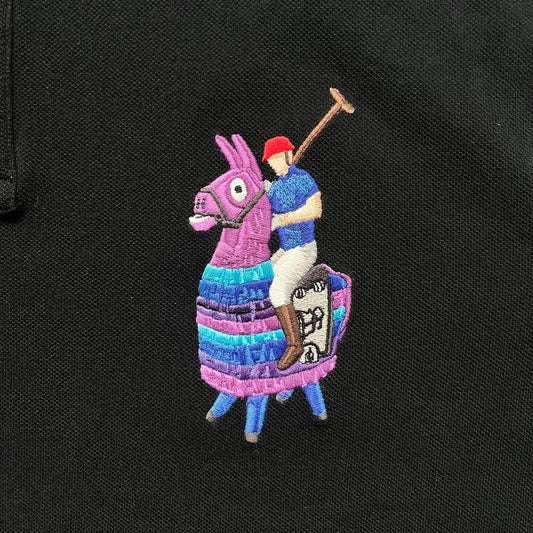 Polo Ralph Lauren x Fortnite 2022 Embroidered Llama Polo is a black cotton polo shirt from the 2022 collaboration collection. It features a classic fit with a two-button collar design and an embroidered chest logo replacing the traditional Ralph Lauren horse with the iconic Fortnite llama in purple and blue tones. Made from 100% cotton.