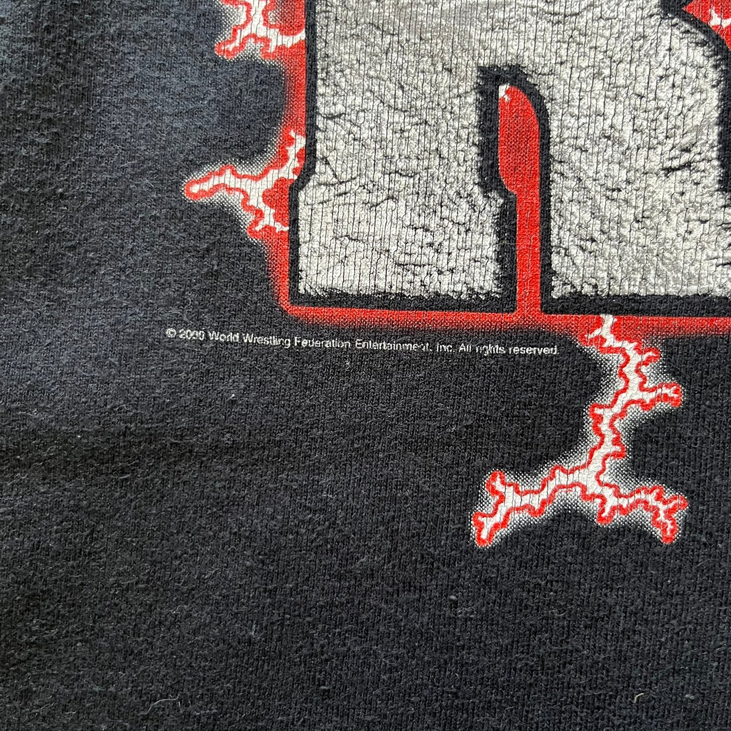The Rock “Most Electrifying Man” 2000 Tee is a vintage WWE shirt featuring bold metallic-textured lettering with red lightning accents. The front proudly displays “The Rock,” while the back proclaims “The Most Electrifying Man in Sports Entertainment.” Licensed by World Wrestling Federation (WWF), this 2000 release is a must-have collectible for wrestling fans!