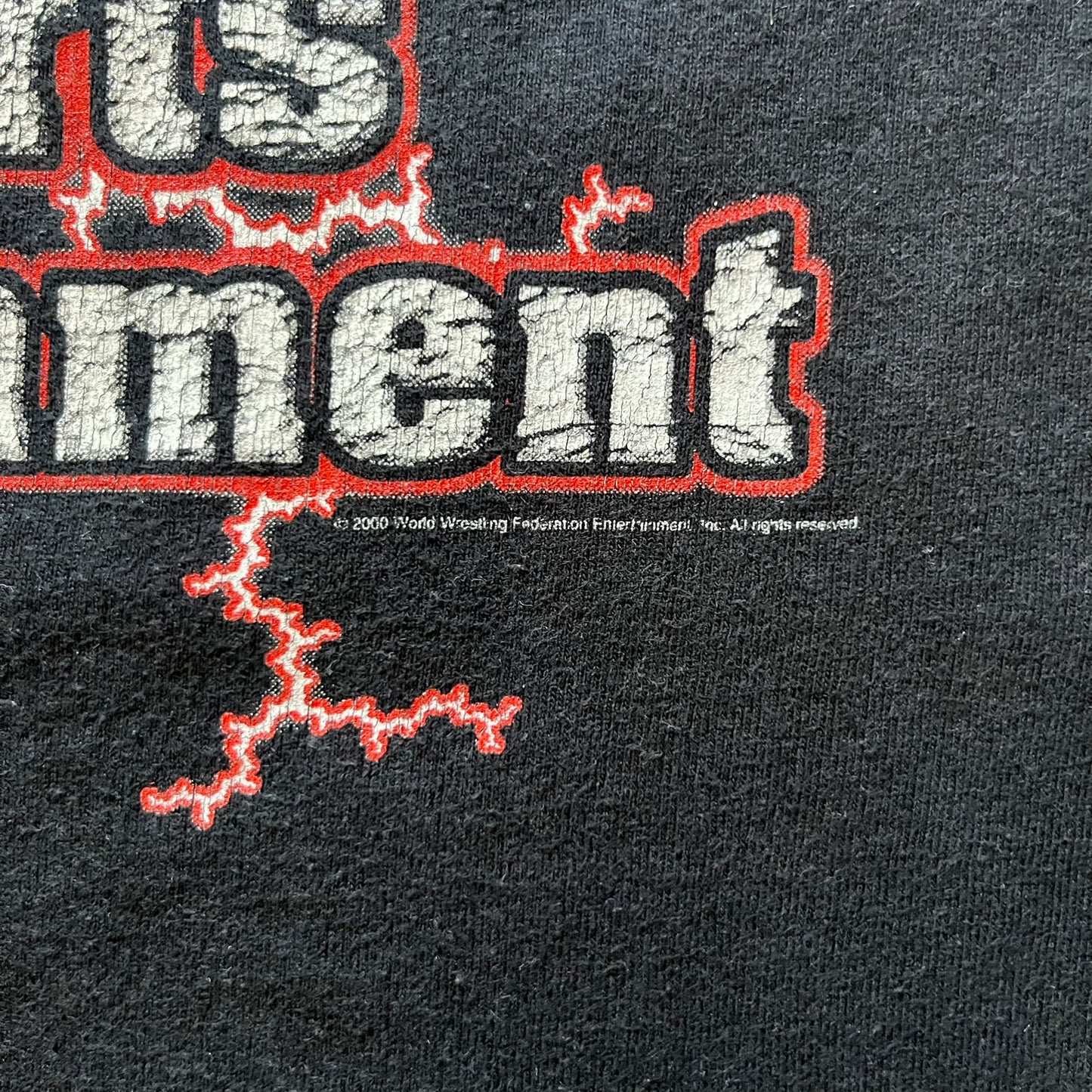 The Rock “Most Electrifying Man” 2000 Tee is a vintage WWE shirt featuring bold metallic-textured lettering with red lightning accents. The front proudly displays “The Rock,” while the back proclaims “The Most Electrifying Man in Sports Entertainment.” Licensed by World Wrestling Federation (WWF), this 2000 release is a must-have collectible for wrestling fans!
