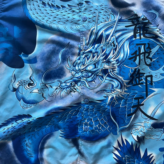 Blue dragon design on a shirt with Chinese characters
