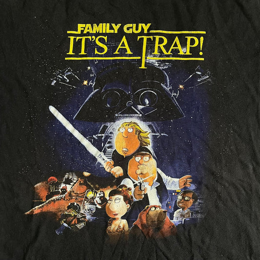 Black t-shirt with 'Family Guy It's a Trap!' design featuring characters and Darth Vader.