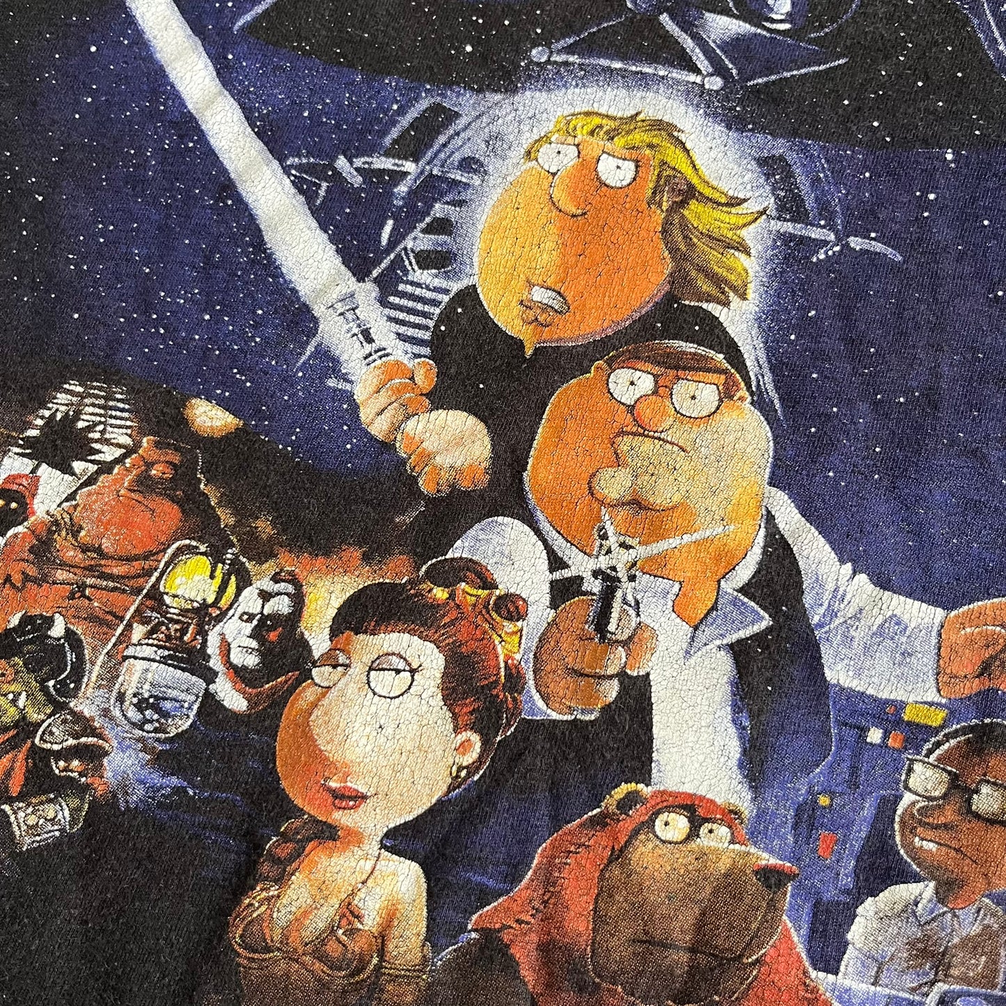 Cartoon characters in a space-themed setting with a spaceship in the background