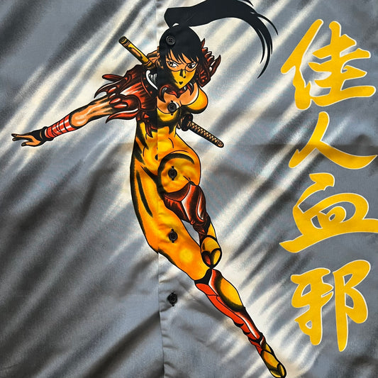 Animated character in a dynamic pose with stylized text on a gray background