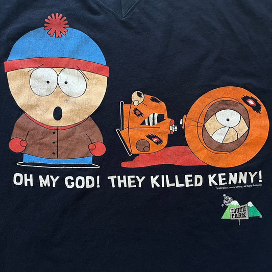South Park t-shirt with character holding a gun and text 'OH MY GOD! THEY KILLED KENNY!' on a dark background.