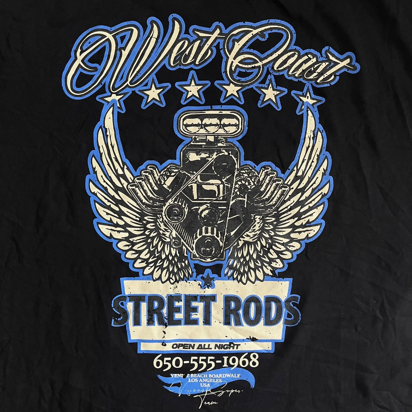 Black t-shirt with 'West Coast Street Rods' graphic design featuring an engine and wings.