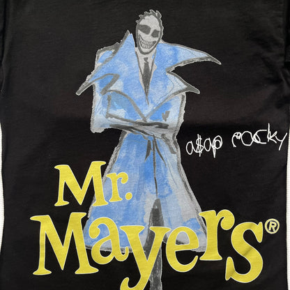A$AP Rocky “Don’t Be Dumb” Mr Mayers Twofer Longsleeve is a limited release from the AWGE website tied to the rollout of Don’t Be Dumb by A$AP Rocky. The piece features a twofer construction with a black body and white sleeves, with a front graphic of the Mr Mayers figure in a blue trench coat with “Mr Mayers” text and small AWGE logos. The back includes a framed graphic with “Don’t Be Dumb” text, using a lenticular-style vinyl panel that shifts between the Mr Mayers figure and A$AP Rocky in the same outfit