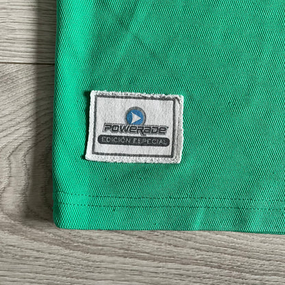 Adidas 2007-08 Mexico Powerade Limited Edition 3/4 Tee in green with red collar and white Adidas sleeve stripes. Features embroidered Adidas logo beneath the neck, Mexico crest on the heart, and a “Powerade Edición Especial” patch at the lower front. Extremely rare, issued only to select Coca-Cola store owners in Mexico.