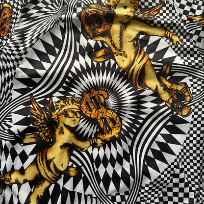 Gold cherub figures and dollar signs on a black and white patterned background