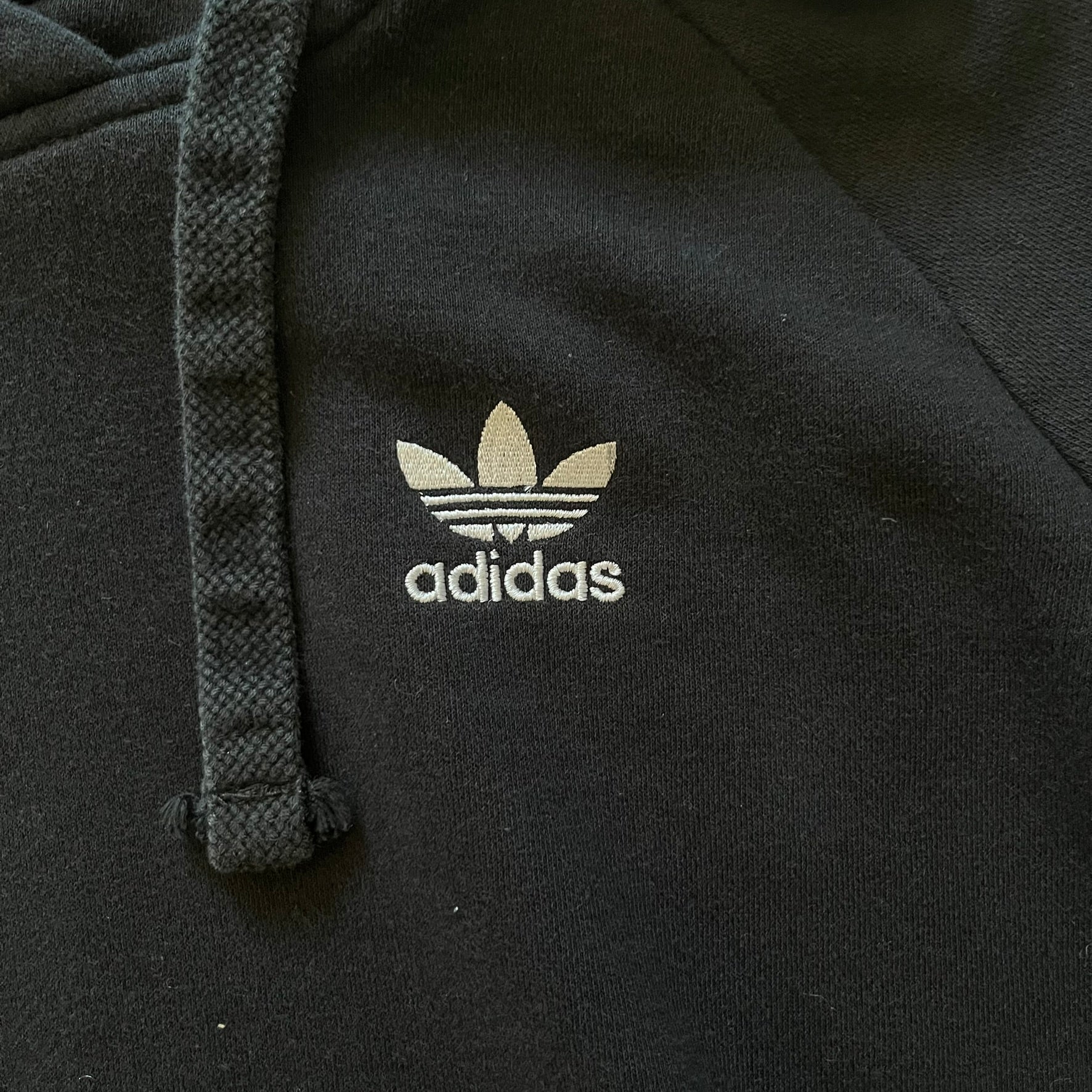 Adidas Trefoil Zip Pouch Hoodie in black, crafted from soft cotton for durability and comfort. Features a large Trefoil logo on the back within a circle, a smaller embroidered logo on the left chest, and a front zip pouch pocket. Designed with thick drawstrings and reinforced stitching, offering a sturdy, well-constructed fit.