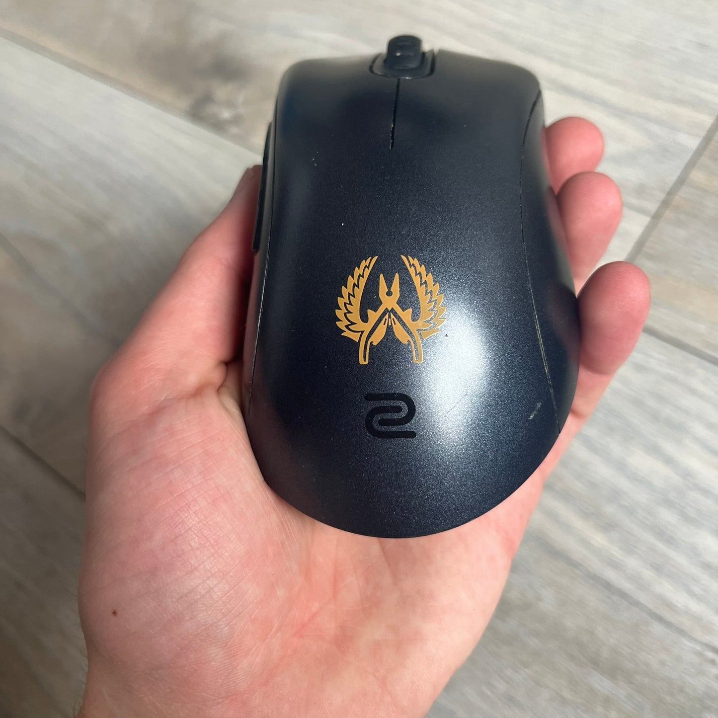 BenQ Zowie EC1-B CS:GO Special Edition Gaming Mouse is a wired ergonomic mouse designed for right-handed users, featuring a PixArt 3360 optical sensor with adjustable DPI settings. The black casing includes a CS:GO Guardian graphic, with a 1000 Hz polling rate, five buttons, and a scroll wheel for precise control. It has a USB connection, 2-meter cable, and a lightweight 94 g construction optimized for palm and claw grip styles.