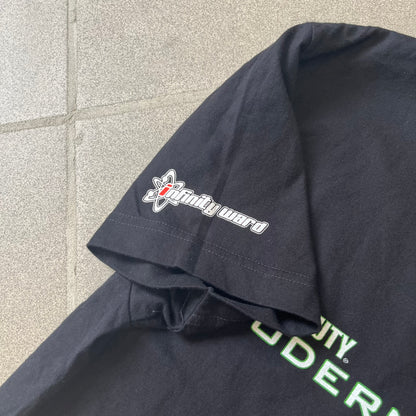 Call of Duty: Modern Warfare 2 2010s Tee features a simple design with the Call of Duty: Modern Warfare 2 logo printed on the front in white and green. The sleeve includes an Infinity Ward logo detail, while the neck has a basic size tag. A later 2010s release inspired by the iconic Modern Warfare 2 branding, not the original promotional tee.
