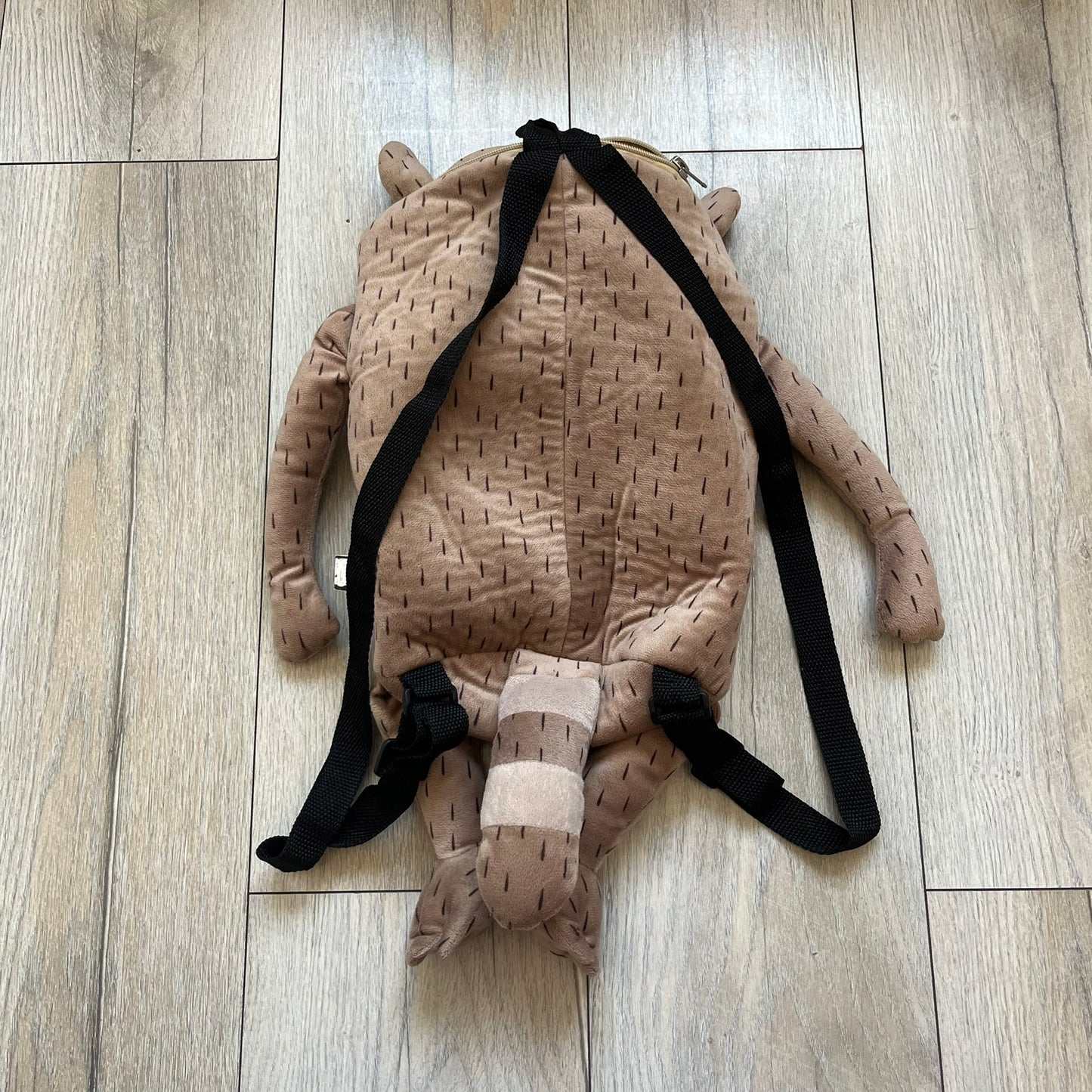 Cartoon Network Regular Show Rigby 2016 Backpack is a character-shaped backpack designed as Rigby from the animated series Regular Show. The bag features a full plush body construction with movable arms, legs, and mouth, while the eyes and mouth are finished with embroidered detailing. Adjustable straps are attached from the top to the lower back of the character, allowing it to be worn as a standard backpack. The design follows Rigby’s appearance with brown fur tones, dark raccoon-style eye mask markings, 