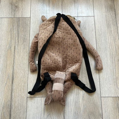 Cartoon Network Regular Show Rigby 2016 Backpack is a character-shaped backpack designed as Rigby from the animated series Regular Show. The bag features a full plush body construction with movable arms, legs, and mouth, while the eyes and mouth are finished with embroidered detailing. Adjustable straps are attached from the top to the lower back of the character, allowing it to be worn as a standard backpack. The design follows Rigby’s appearance with brown fur tones, dark raccoon-style eye mask markings, 