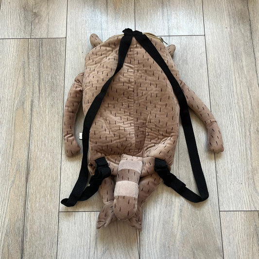 Cartoon Network Regular Show Rigby 2016 Backpack is a character-shaped backpack designed as Rigby from the animated series Regular Show. The bag features a full plush body construction with movable arms, legs, and mouth, while the eyes and mouth are finished with embroidered detailing. Adjustable straps are attached from the top to the lower back of the character, allowing it to be worn as a standard backpack. The design follows Rigby’s appearance with brown fur tones, dark raccoon-style eye mask markings, 