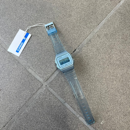 Custom Casio F-91W Blue digital watch featuring a Gradient blue filter screen. Slim 8.5 mm profile, lightweight 21 g build and flexible bio-based resin band ensure lasting comfort. Includes alarm, stopwatch, and microlight function for everyday functionality.