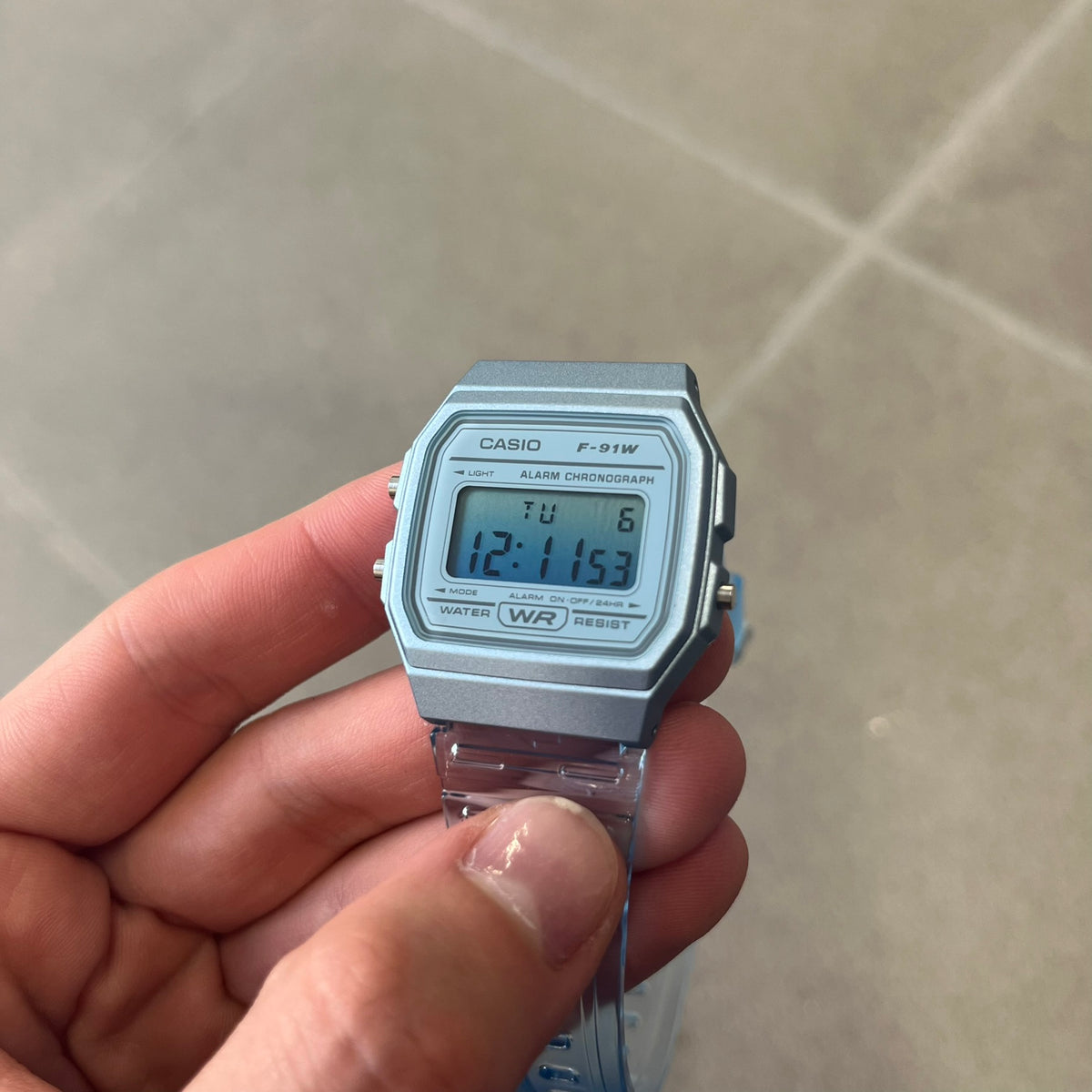 Custom Casio F-91W Blue digital watch featuring a Gradient blue filter screen. Slim 8.5 mm profile, lightweight 21 g build and flexible bio-based resin band ensure lasting comfort. Includes alarm, stopwatch, and microlight function for everyday functionality.