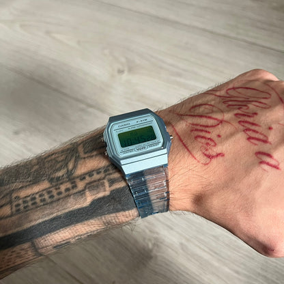 Custom Casio F-91W Blue digital watch featuring a Gradient Blue and green filter screen. Slim 8.5 mm profile, lightweight 21 g build and flexible bio-based resin band ensure lasting comfort. Includes alarm, stopwatch, and microlight function for everyday functionality.