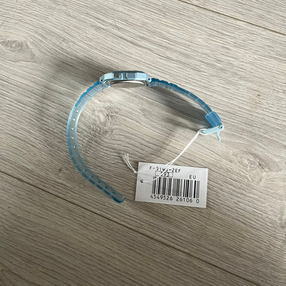 Custom Casio F-91W Blue digital watch featuring a Gradient Blue and green filter screen. Slim 8.5 mm profile, lightweight 21 g build and flexible bio-based resin band ensure lasting comfort. Includes alarm, stopwatch, and microlight function for everyday functionality.
