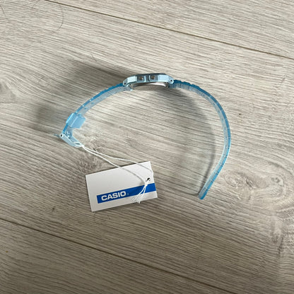 Custom Casio F-91W Blue digital watch featuring a Gradient Blue and green filter screen. Slim 8.5 mm profile, lightweight 21 g build and flexible bio-based resin band ensure lasting comfort. Includes alarm, stopwatch, and microlight function for everyday functionality.
