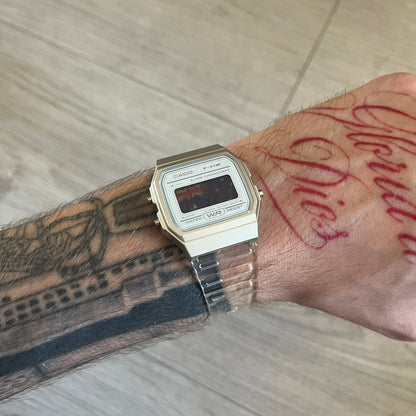 Custom Casio F-91W Clear/Transparent digital watch featuring a Australia Flag filter screen. Slim 8.5 mm profile, lightweight 21 g build and flexible bio-based resin band ensure lasting comfort. Includes alarm, stopwatch, and microlight function for everyday functionality.