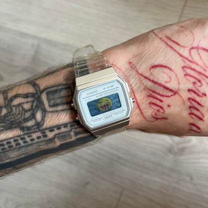 Custom Casio F-91W Clear/Transparent digital watch featuring a Awesome Face filter screen. Slim 8.5 mm profile, lightweight 21 g build and flexible bio-based resin band ensure lasting comfort. Includes alarm, stopwatch, and microlight function for everyday functionality.