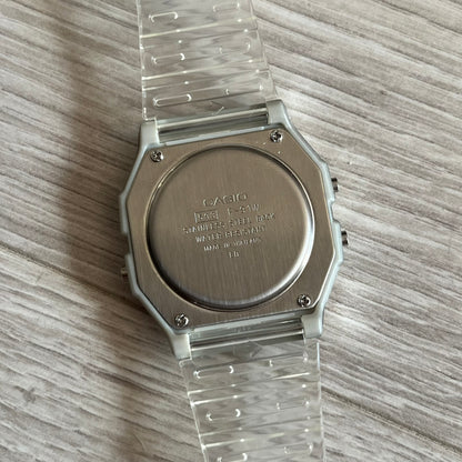 Custom Casio F-91W Clear/Transparent digital watch featuring a Awesome Face filter screen. Slim 8.5 mm profile, lightweight 21 g build and flexible bio-based resin band ensure lasting comfort. Includes alarm, stopwatch, and microlight function for everyday functionality.