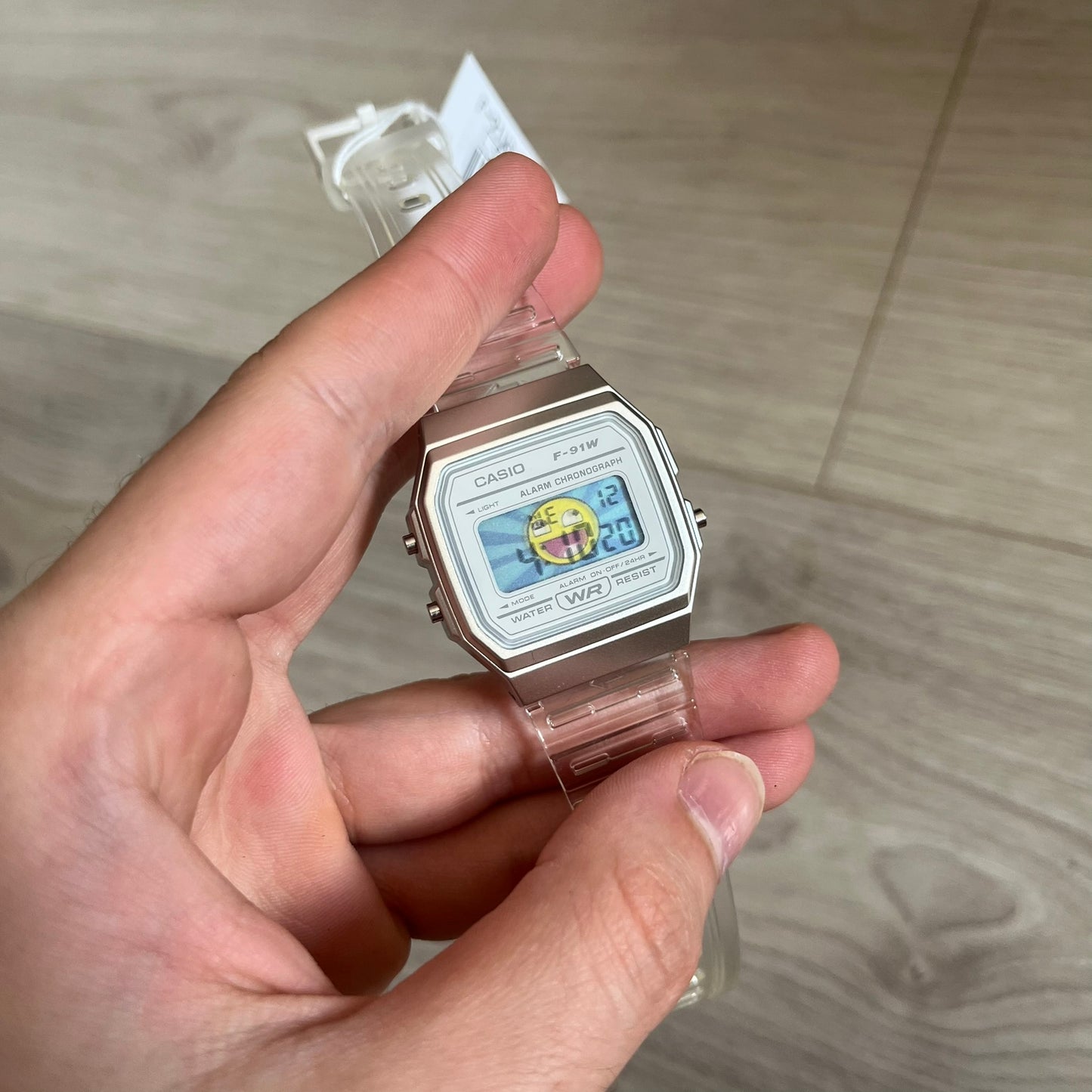 Custom Casio F-91W Clear/Transparent digital watch featuring a Awesome Face filter screen. Slim 8.5 mm profile, lightweight 21 g build and flexible bio-based resin band ensure lasting comfort. Includes alarm, stopwatch, and microlight function for everyday functionality.