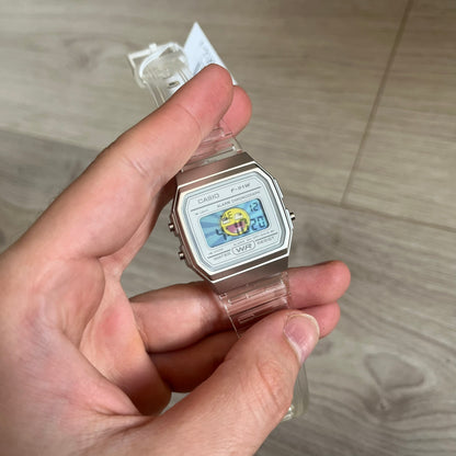 Custom Casio F-91W Clear/Transparent digital watch featuring a Awesome Face filter screen. Slim 8.5 mm profile, lightweight 21 g build and flexible bio-based resin band ensure lasting comfort. Includes alarm, stopwatch, and microlight function for everyday functionality.
