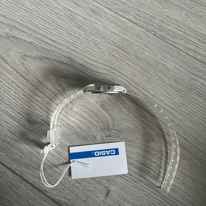 Custom Casio F-91W Clear/Transparent digital watch featuring a Awesome Face filter screen. Slim 8.5 mm profile, lightweight 21 g build and flexible bio-based resin band ensure lasting comfort. Includes alarm, stopwatch, and microlight function for everyday functionality.