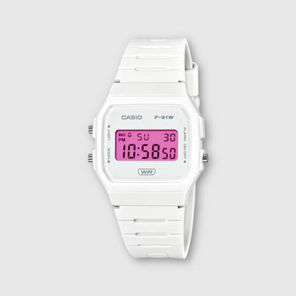 White Casio digital watch with pink display on a light gray background