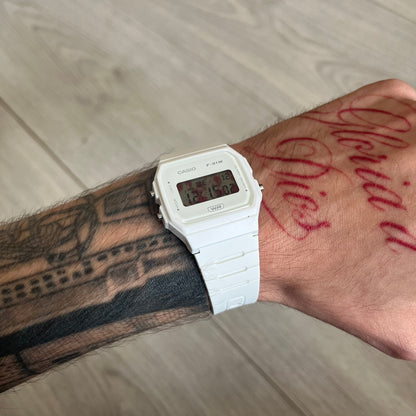 Custom Casio F-91W White digital watch featuring a Bloody filter screen. Slim 8.5 mm profile, lightweight 21 g build and flexible bio-based resin band ensure lasting comfort. Includes alarm, stopwatch, and microlight function for everyday functionality.