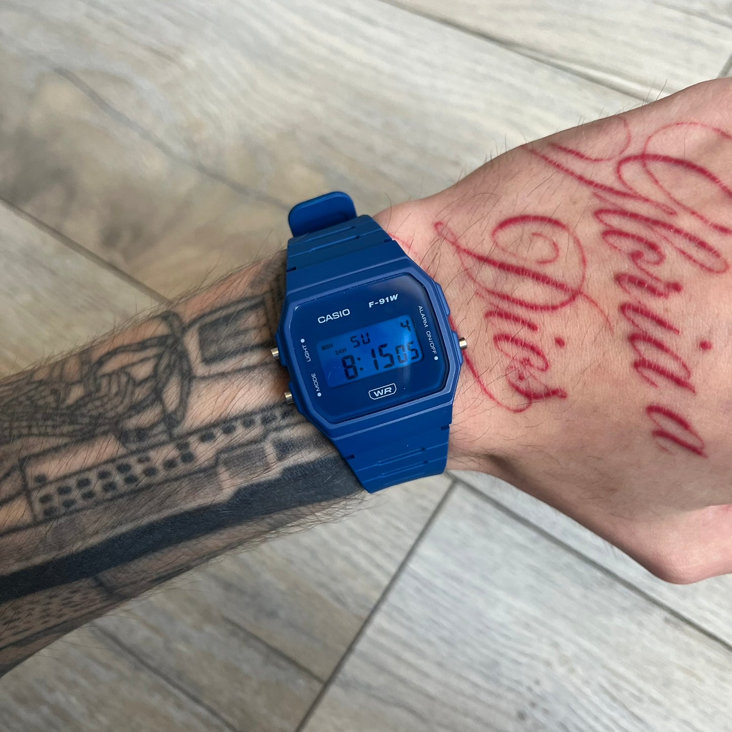 Custom Casio F-91W Dark blue digital watch featuring a matching Blue filter screen. Slim 8.5 mm profile, lightweight 21 g build and flexible resin band ensure lasting comfort. Includes alarm, stopwatch, and microlight function for everyday functionality.