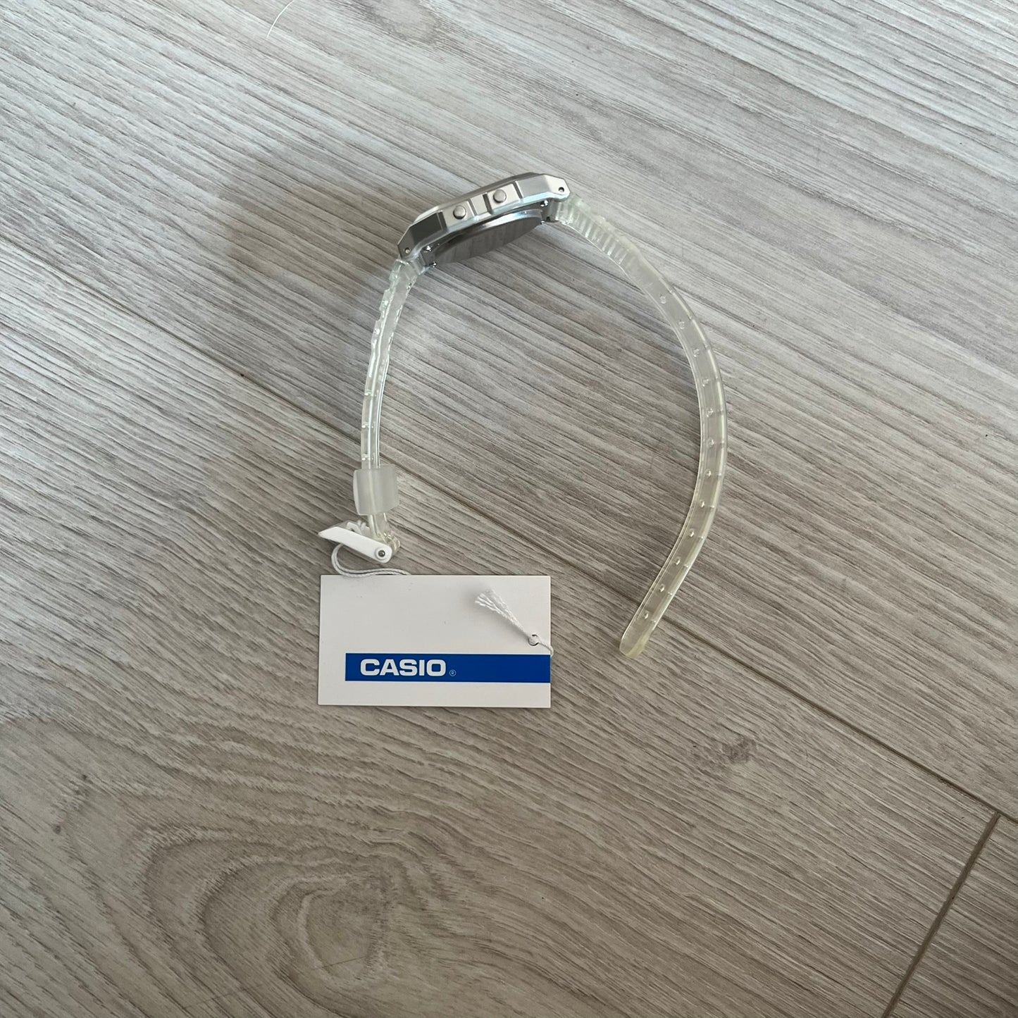Custom Casio F-91W Clear/Transparent digital watch featuring a China Flag filter screen. Slim 8.5 mm profile, lightweight 21 g build and flexible bio-based resin band ensure lasting comfort. Includes alarm, stopwatch, and microlight function for everyday functionality.