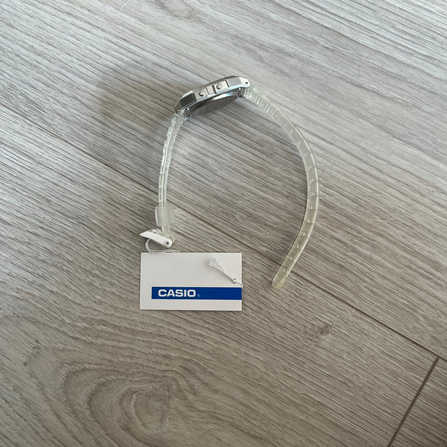 Custom Casio F-91W Clear/Transparent digital watch featuring a China Flag filter screen. Slim 8.5 mm profile, lightweight 21 g build and flexible bio-based resin band ensure lasting comfort. Includes alarm, stopwatch, and microlight function for everyday functionality.