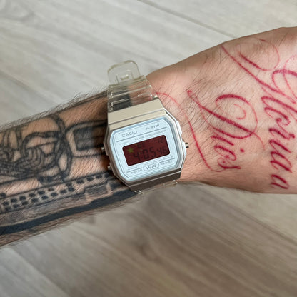 Custom Casio F-91W Clear/Transparent digital watch featuring a China Flag filter screen. Slim 8.5 mm profile, lightweight 21 g build and flexible bio-based resin band ensure lasting comfort. Includes alarm, stopwatch, and microlight function for everyday functionality.