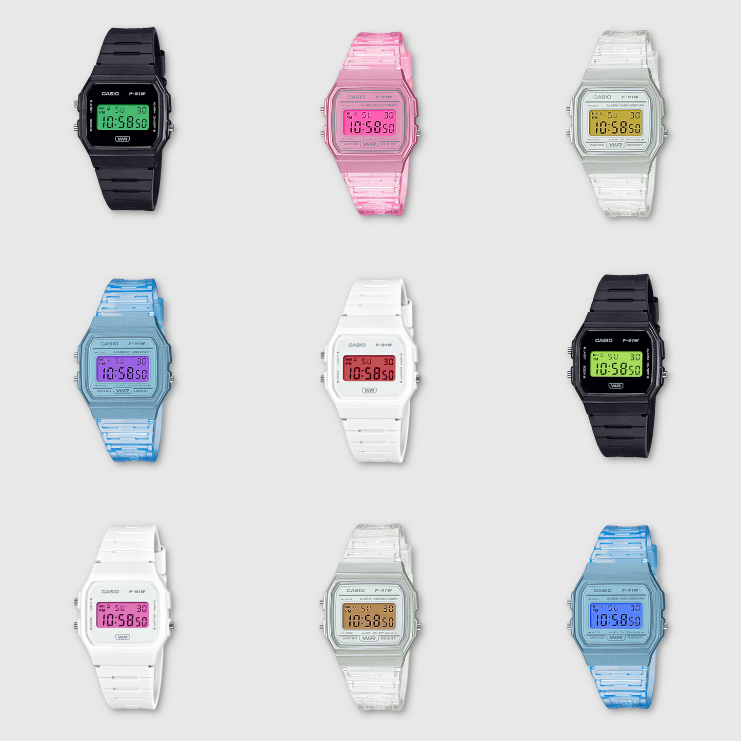 Collection of digital watches in various colors on a light gray background